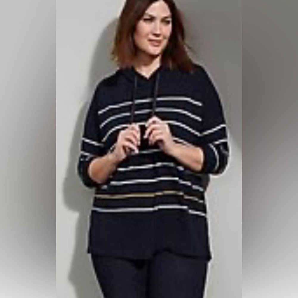 J.Jill cute cotton hooded sweatshirt Navy Gold and White Stripes. Size Medium.